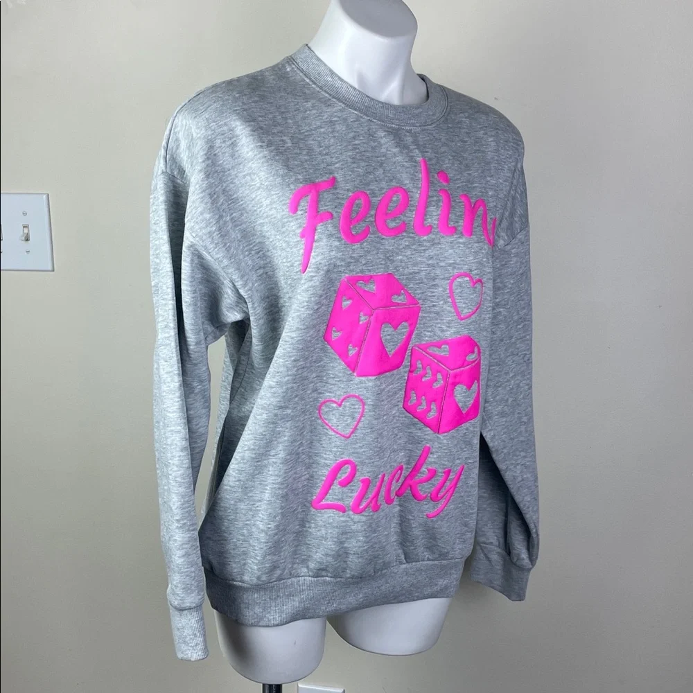 Feeing Lucky Puffy Paint Dice Hearts Sweatshirt Gray Pink